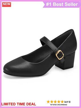 Mary Jane Heels Faux Leather Block Heel Round Toe Dress Pumps